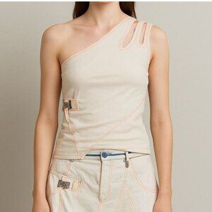 OHDD Asymmetrical One Shoulder Top Off White Metal Buckle Y2K Italy 28 S